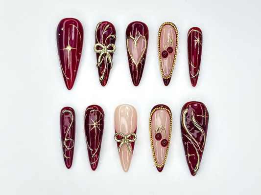 Wine Red Fall Press On Nails | Burgundy & Gold Nail Art | Autumn Holiday Nails | Handmade Glam Nail Set | Elegant Long Nails | JC1137BC