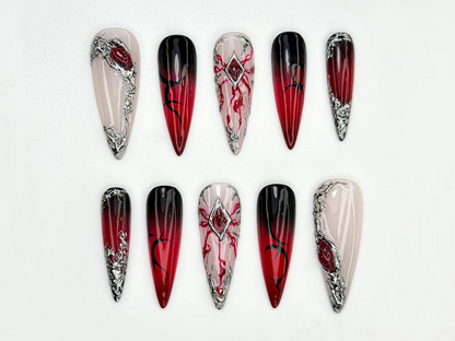Sylus Love and Deepspace Nail Art | Vampire Romance Claws | Red Vein Gothic Fantasy Nails | Sylus Inspired Nail Art | JC820HC