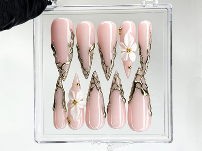 Nude Pink Luxury Press On Nails | Blush Floral Nails | 3D White Flower Nail Art | Elegant Bridal Press Ons | Soft Glam Nail Set | HC1232HC