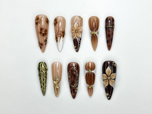 Autumn Brown Gold Press On Nails | 3D Floral Nail Art | Fall Inspired Nail Set | Handmade Neutral Nails | Elegant Long Press Ons | JC1121BK