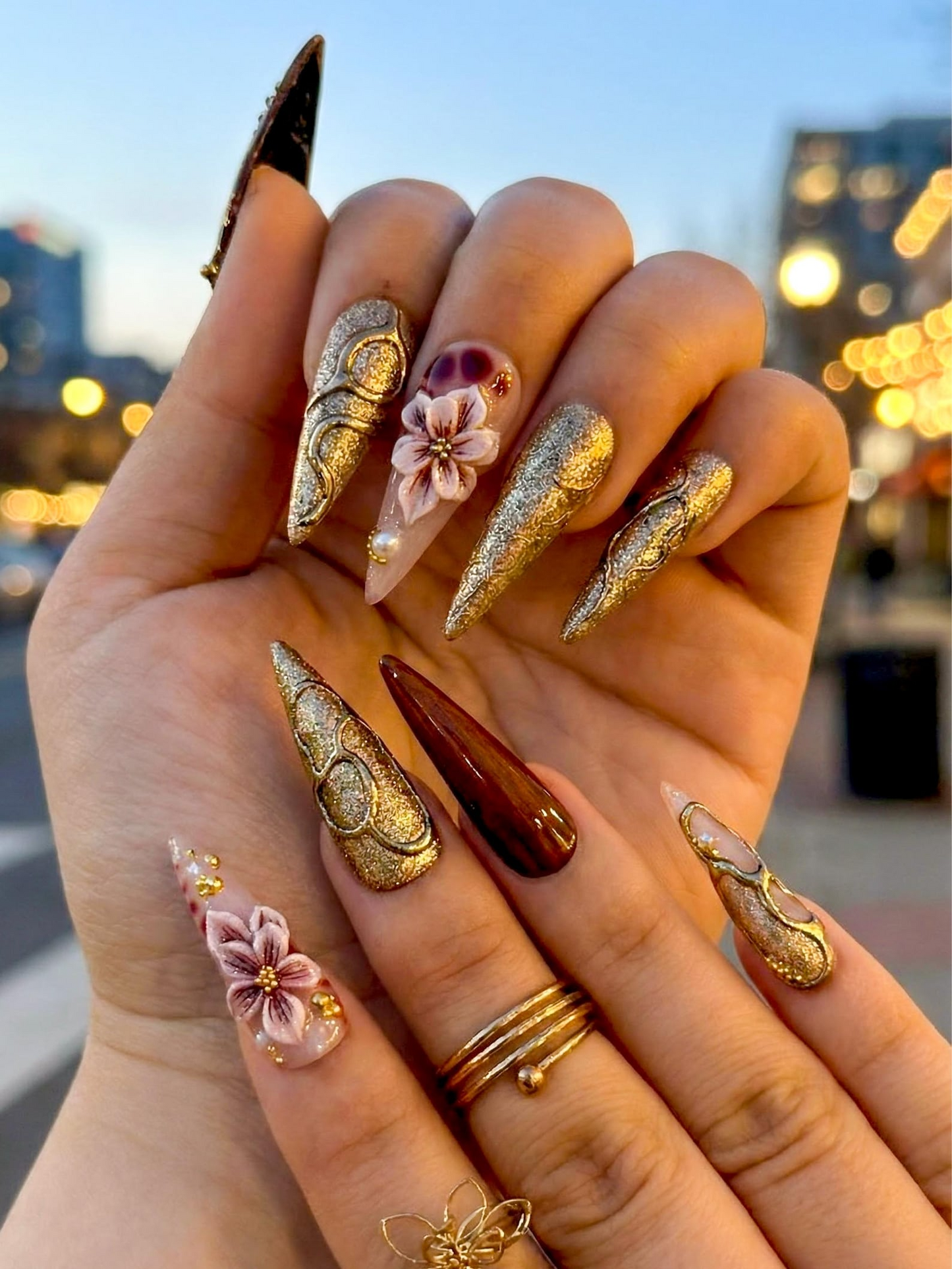 Luxury Gold Floral Press On Nails | Spring Floral Crystal Nail Art | | Gold Sculpted Couture Nails | Long Stiletto Nails | DB968EC