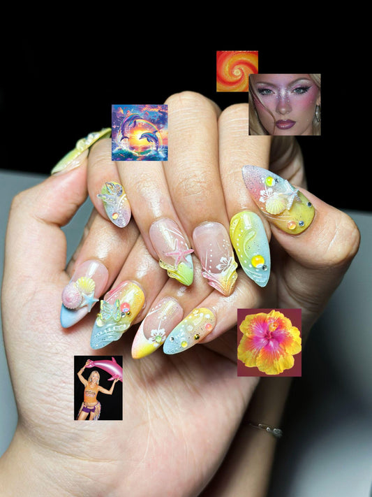 Ocean Candy Dream Press On Nails | Pastel Beach Nails | 3D Seashell & Starfish Nails | Summer Vacation Nails | Cute Mermaid Nail | OC1332NC