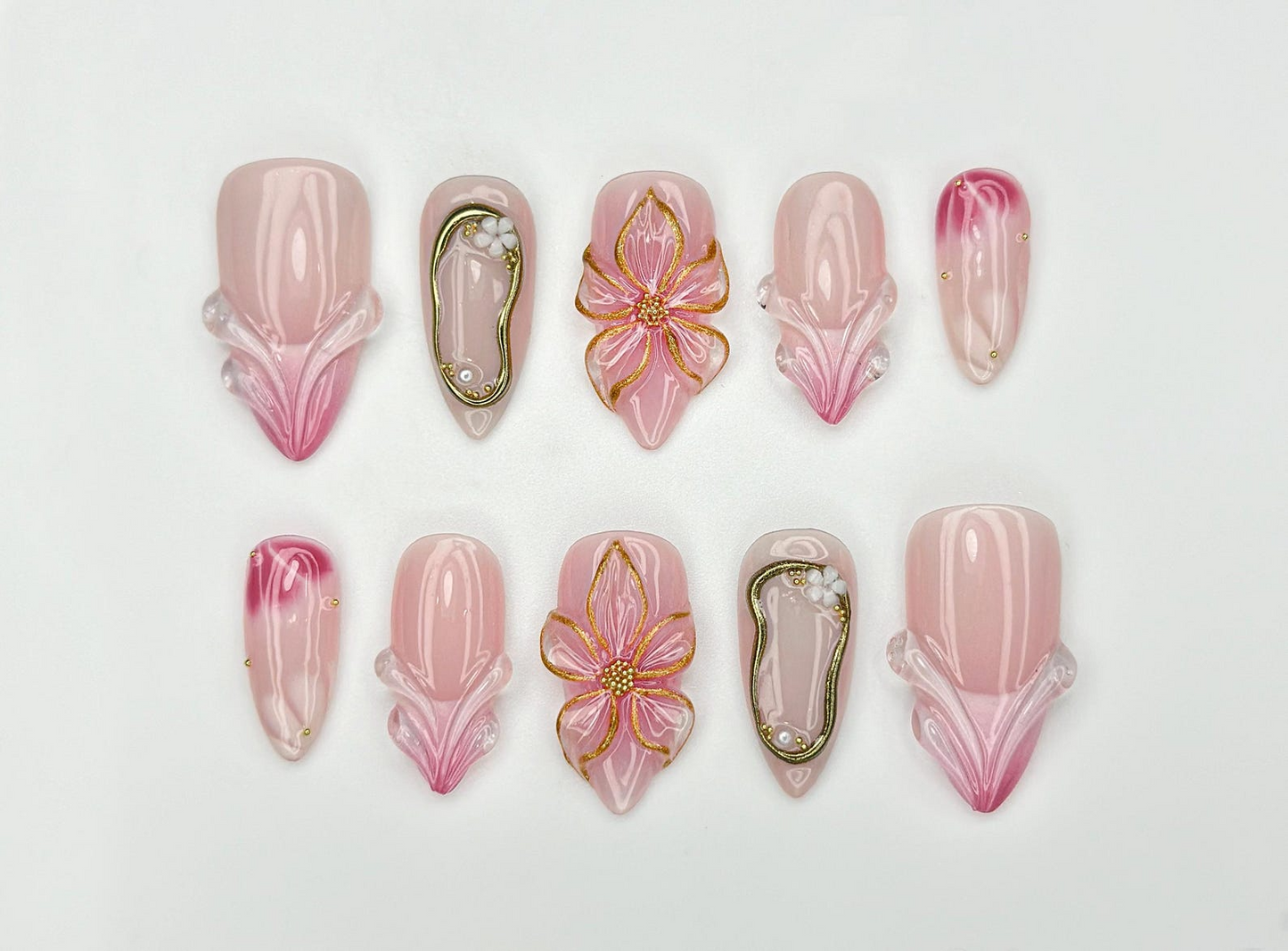 Blush Bloom Elegance Press On Nails | 3D Floral Accents Nail Art | Gold Details & Pink Ombre Press Ons | Luxury Nail| Wedding Nails |JC962H