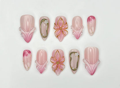 Blush Bloom Elegance Press On Nails | 3D Floral Accents Nail Art | Gold Details & Pink Ombre Press Ons | Luxury Nail| Wedding Nails |JC962H
