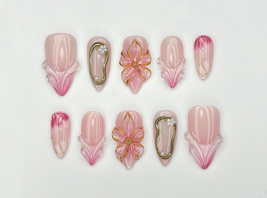 Blush Bloom Elegance Press On Nails | 3D Floral Accents Nail Art | Gold Details & Pink Ombre Press Ons | Luxury Nail| Wedding Nails |JC962H
