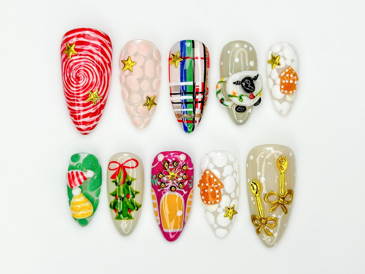 Candy Cottage Press On Nails For Christmas | Cute Christmas Tree Nail Art | Plaid Holiday Nails | Cute Festive Winter Set |JB228EC