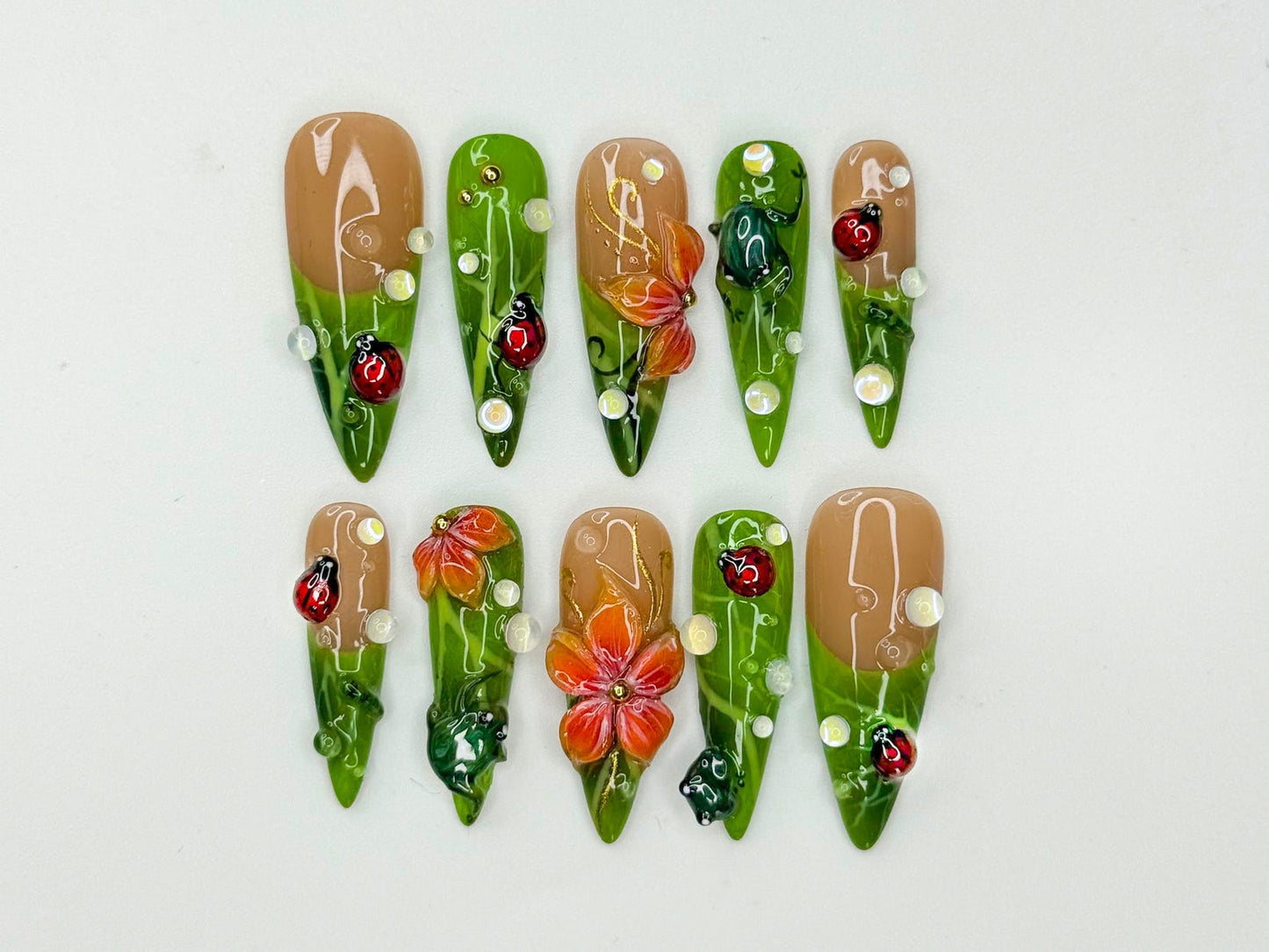 Green Floral Press On Nails with Ladybug and Pearl | 3D Nature Nails in Long Almond | Handmade Spring Nails for Wedding, Vacation | JB330N