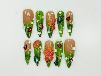 Green Floral Press On Nails with Ladybug and Pearl | 3D Nature Nails in Long Almond | Handmade Spring Nails for Wedding, Vacation | JB330N