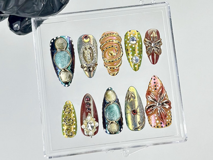 Luxe Gold Chrome Press On Nails | Artistic Metallic Fake Nails | Textured Gold 3D Design Nail Art | Gold & Silver Glam Press Ons | HB872YK