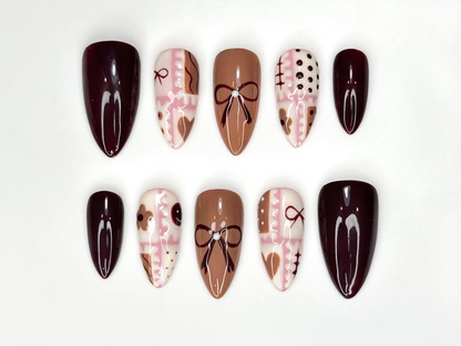 Chocolate Autumn Press On Nails | Sweet Treats-Inspired Nail Art | Soft Pink & Brown Handcrafted Design | Handmade Unique Nail Set | JB182HC