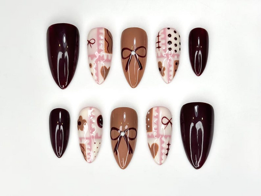 Chocolate Autumn Press On Nails | Sweet Treats-Inspired Nail Art | Soft Pink & Brown Handcrafted Design | Handmade Unique Nail Set | JB182HC