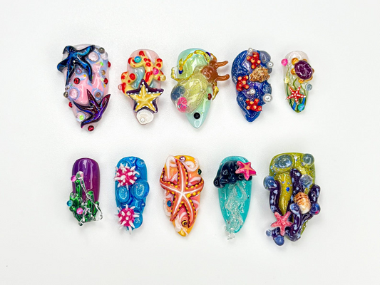 3D Starfish Coral Press On Nails | Deep Sea Ocean Press Ons | Mermaid Jellyfish Underwater Nail Art| Handcrafted Summer Beach Nail | JA922HC