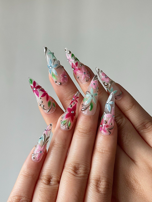 Dreamy Pastel Cat Press On Nails, Cute Cat and Star Anime Nails, Pink and Green Kawaii Aesthetic Fake Nails with Gold Moon Charms, HC1288HC (Copy)