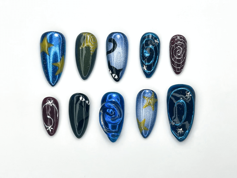Cosmic Carnival Press On Nails | Galaxy Swirl And Moon Nail Art | 3D Star And Character Handmade Nails | Festival Statement Nails | JB1151BC