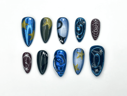 Cosmic Carnival Press On Nails | Galaxy Swirl And Moon Nail Art | 3D Star And Character Handmade Nails | Festival Statement Nails | JB1151BC