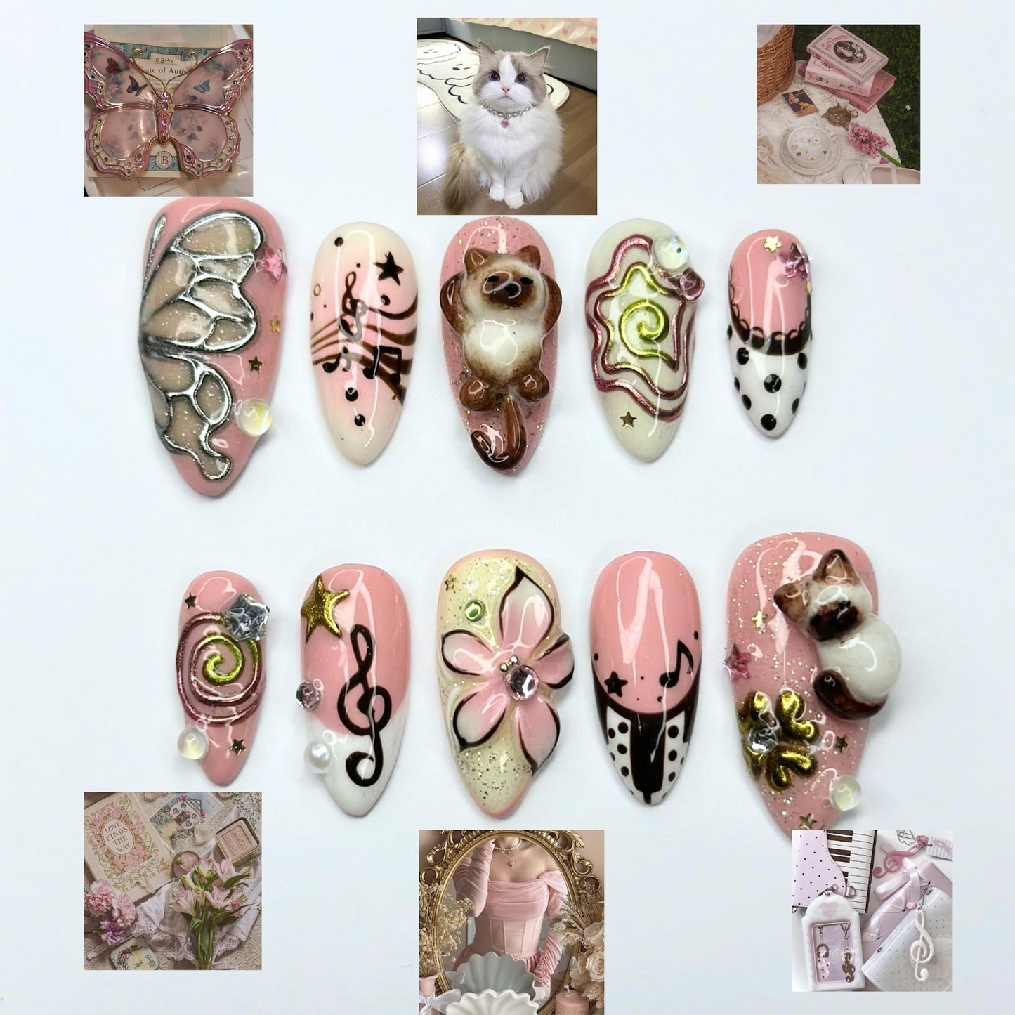 Cute Aesthetic Press On Nails | Kawaii Charm Nail Set | Y2K Inspired Handmade Nails | Pink Brown 3D Statement Nails | OB450UC