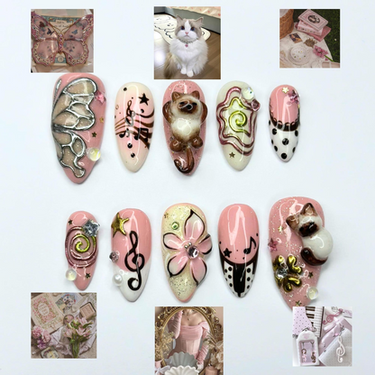 Cute Aesthetic Press On Nails | Kawaii Charm Nail Set | Y2K Inspired Handmade Nails | Pink Brown 3D Statement Nails | OB450UC