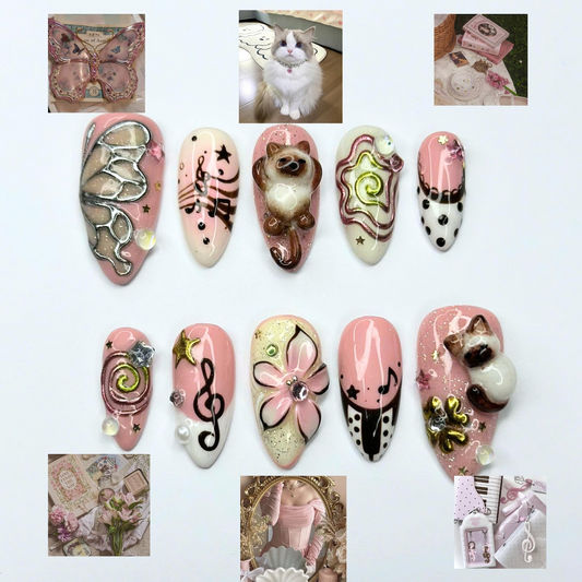 Cute Aesthetic Press On Nails | Kawaii Charm Nail Set | Y2K Inspired Handmade Nails | Pink Brown 3D Statement Nails | OB450UC
