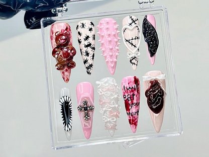 3D Punk Gothic Press On Nails | Edgy Pink Fake nails| Kawaii Horror Y2K Nail Art | Pink Horror Kawaii Nails | 3D Bloody Bear Nails| HB937YC