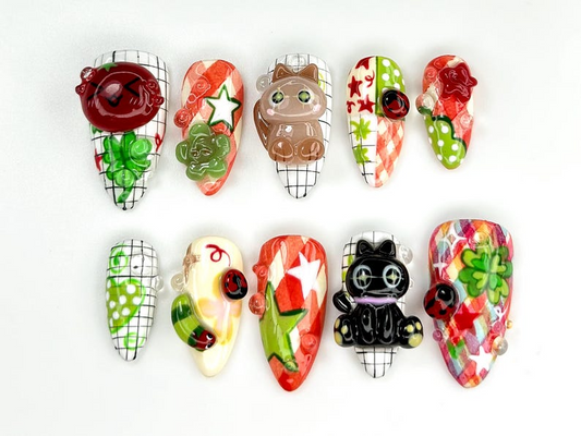 Kawaii Cat & Ladybug Press-On Nails | 3D Cute Nail Art | Funky Kawaii Fake Nails|Cat Leaf Ladybug Kawaii Nails |Kawaii Fun Nail Set |JB784YC