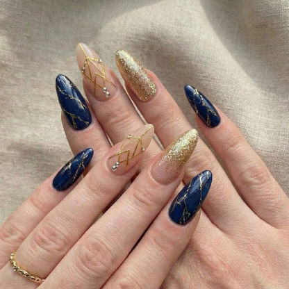Midnight Royal Gold Press On Nails | Navy Blue Marble Nails | Champagne Gold Glitter Tips | Luxury Geometric Nail Art | Elegant Almond Statement Nails