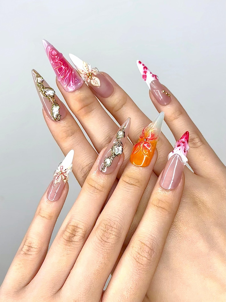 3D Floral Nude Press On Nails