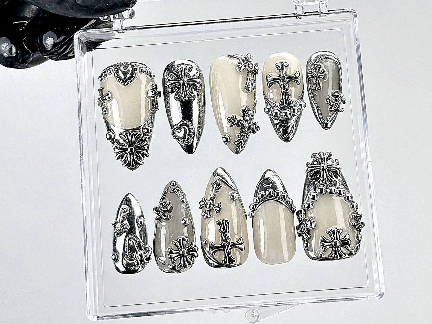 Gothic Chrome Press On Nails | Silver Gothic Fake Nails | Punk Rock Chrome Nail Art | 3D Cross Gothic Press Ons | Fashion Nails | HB889YK