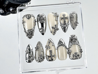 Gothic Chrome Press On Nails | Silver Gothic Fake Nails | Punk Rock Chrome Nail Art | 3D Cross Gothic Press Ons | Fashion Nails | HB889YK