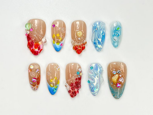Ocean Flame Fantasy Press On Nails | 3D Water & Fire Nail Art | Handmade Glossy Beach-Inspired Nails for Summer| Vacation Nail Art| JC769HC