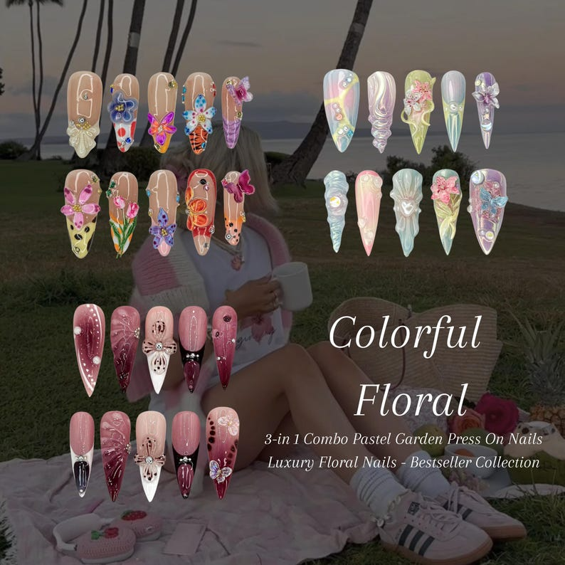 Combo Colorful Floral Press On Nails | Pastel Garden Nail Art | Flower & Butterfly Designs | Bestseller Nails | Floral Collection | JB998H