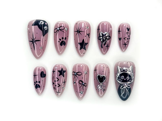 Bengals Cat Press On Nails | Holiday Chrome Pink Nails | Cute Bow & Stars Nail Art | Christmas Gift for Her | Mystic Winter Cat Press On Nails  JB1182BC