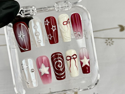 Y2k Elegant Motifs Press On Nails | Y2k-Inspired Nail Set | Red and White with Unique Chrome Designs on Fake nails | HC77