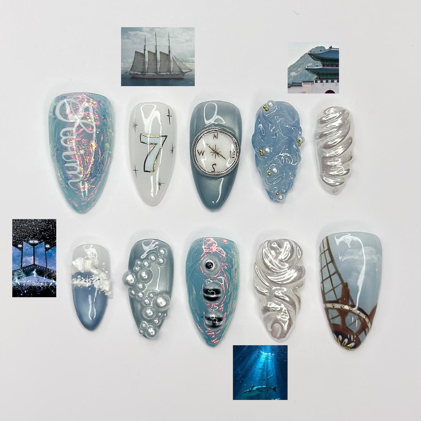 Kpop Inspired Celestial Voyage Nails | 7 Spirits Arirang Press Ons | Blue Aurora Silver Liquid Metal Nails |3D Fandom Concert Nails| OB365IK