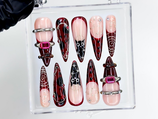 Gothic Ruby Witch Press On Nails | Red Black Sorcery Nail Art | 3D Ring Accents & Mystic Symbols | Luxury Dark Glam Set | HB1202EC