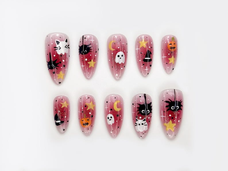 Spooky Kawaii Halloween Press On Nails | Pink Ghost & Pumpkin Nail Art | Cat and Witch Hat Cute Nails | Handmade 3D Halloween Nails |JB179EK