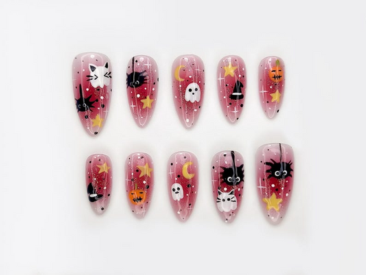Spooky Kawaii Halloween Press On Nails | Pink Ghost & Pumpkin Nail Art | Cat and Witch Hat Cute Nails | Handmade 3D Halloween Nails |JB179EK