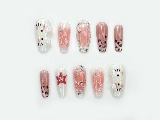 Kawaii Kitty Charm Press On Nails | 3D Hello Kitty Nail Art | Cute Pink Cartoon Nails | Star & Heart Accent Nails | JB193EK
