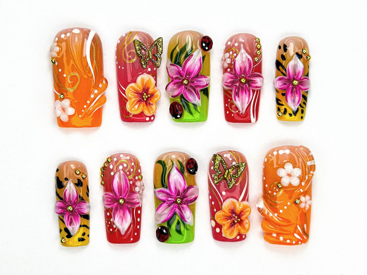 Tropical Floral Press On Nails | 3D Tropical Flowers Nail Art | Vibrant Ladybug Design Fake Nails | Bold Tropical Kawaii Nails | JB893HC