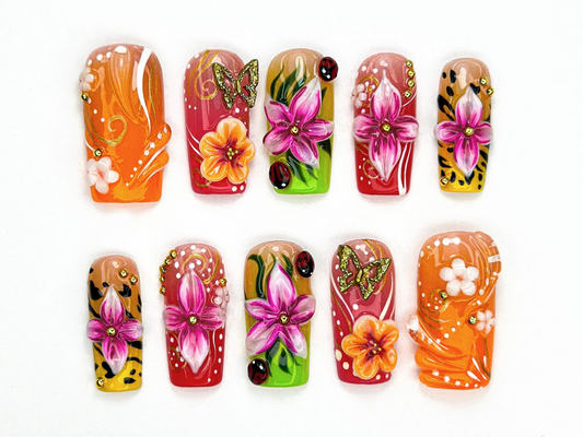 Tropical Floral Press On Nails | 3D Tropical Flowers Nail Art | Vibrant Ladybug Design Fake Nails | Bold Tropical Kawaii Nails | JB893HC
