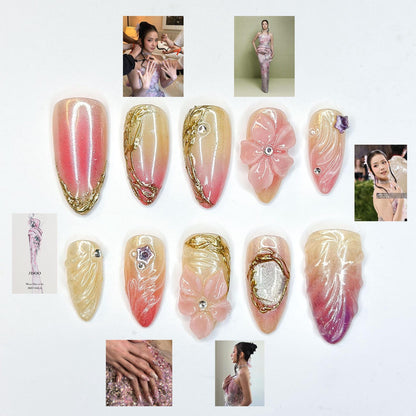 Jisoo MET Gala Inspired Nails | 3D Floral Molten Gold Press Ons | Luxury Pink Ombre Shimmer Custom Celestial Almond Art| OB390IK
