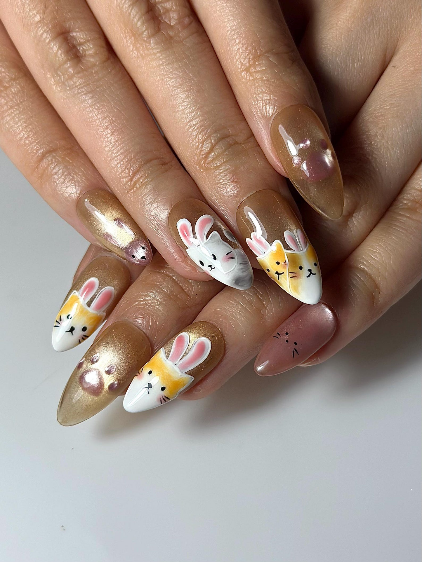 Bunny Cat Gold Press On Nails | Cute Rabbit Kitty Nail Art | Kawaii Animal Nails | Gold Almond Nails | Handmade Press Ons | HC1301HC