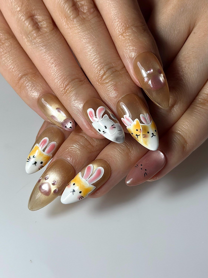Bunny Cat Gold Press On Nails | Cute Rabbit Kitty Nail Art | Kawaii Animal Nails | Gold Almond Nails | Handmade Press Ons | HC1301HC