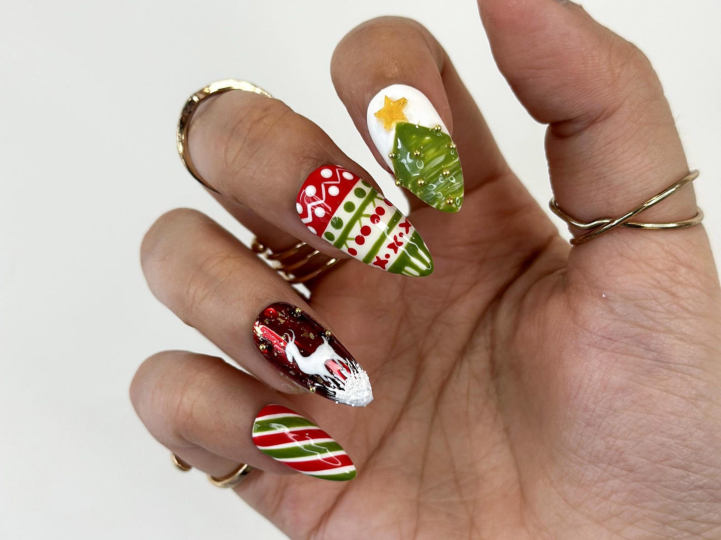 Christmas Reindeer Red Press On Nails | Red Green Christmas Nail Art | Snow & Tree Design| Holiday Glitter Nails| Winter Press Ons| HB1200HC