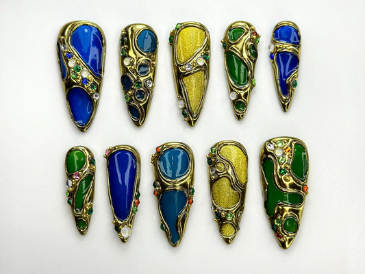 Luxury Gemstone Press On Nails | Blue, Green & Amber Enamel Stones Detail | Jewel-Encrusted Nail Set | Gold Jewel Nail Art | JB790HC