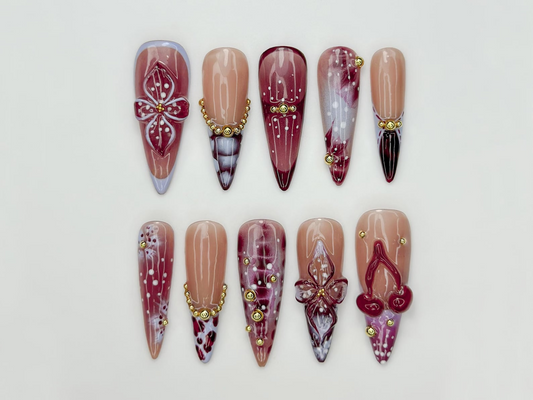 Burgundy Baroque Press On Nails | Luxury Cherry Red Nails | Gold Accent Nails | Elegant Marble Nails | Handmade Glam Press Ons | JC316HC
