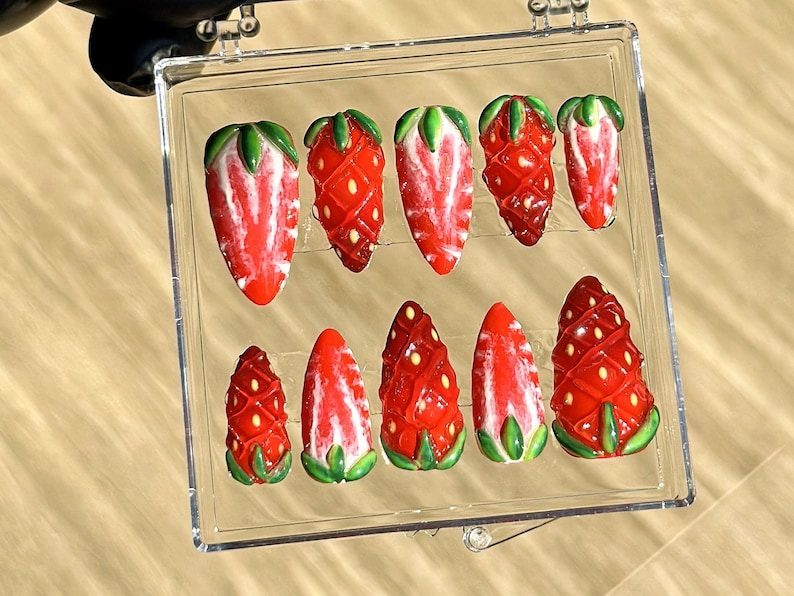 Juicy Strawberry Press On Nails | Summer 3D Fake nails| Free Style Summer Fruit Nail Art | Kawaii Nails | Cute Kawaii Press Ons | HB936YC