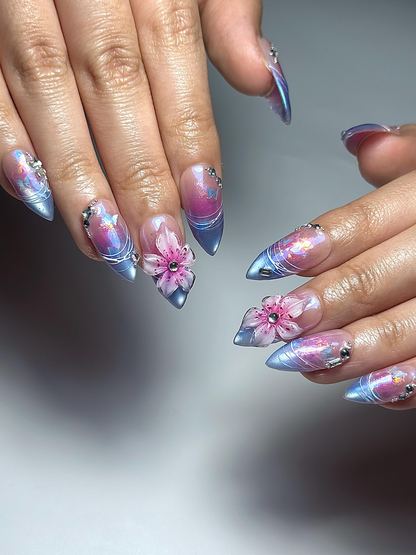 Aurora Galaxy Floral Press On Nails | Iridescent Chrome Stiletto Nails | 3D Sakura Flower Nails | Fantasy Butterfly Nail Art | DB1044HC
