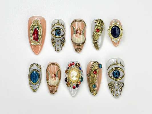 Vintage Religious Press On Nails | Angel Eye Nail Art | Baroque Religious Style Nail | Vintage Gemstone Nail | Statement Luxe Nail | JC924HK
