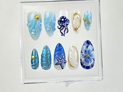 Ocean Fantasy Press On Nails | Jellyfish and Starfish Designs Acrylic Nails |Unique Sea-Themed Nail Art |Luxury Nautical Fake Nails |HB611YV