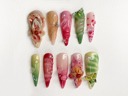 Secret Garden Long Almond Flowers Press On Nails | Dreamy Fairy Tale Inspired Fake Nails | Handmade Floral Nail Art | Gift for Her | JC435AV
